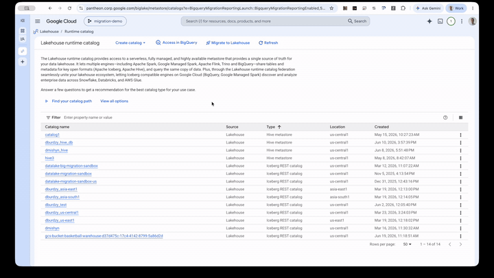Animated demo of Hive table registration in Google Cloud Lakehouse runtime catalog