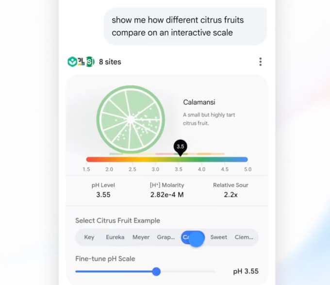 Google Search generating an interactive pH scale visual with AI Overview for student learning