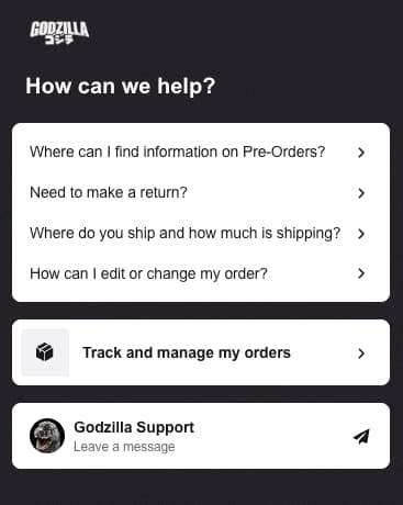 Screenshot of a customer support chatbot interface showing menu options for common questions