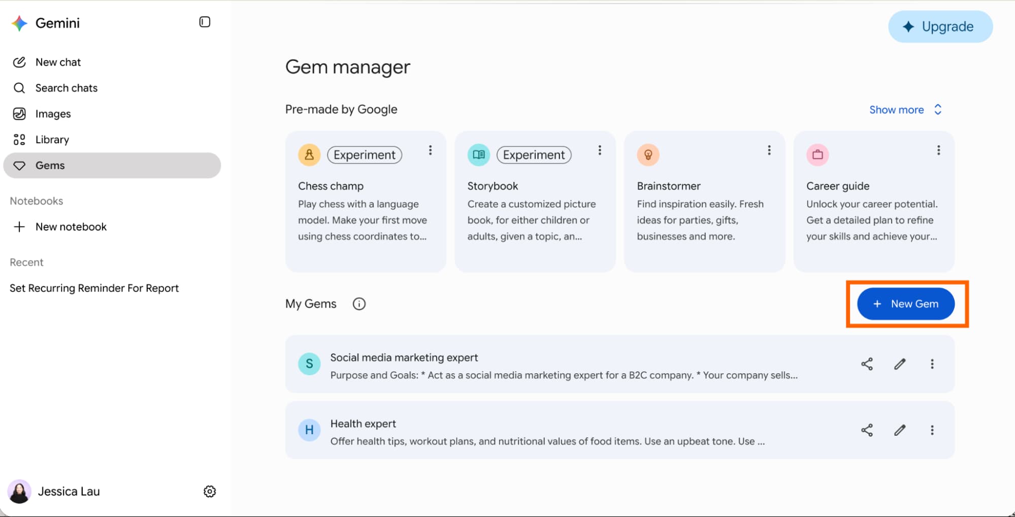 Gemini Gems name and instructions input fields