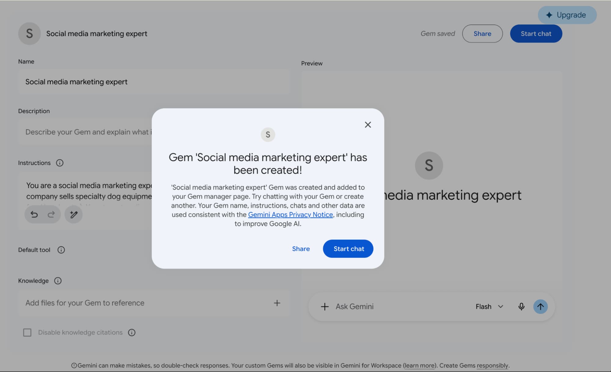 Delete confirmation dialog for removing a Gemini Gem
